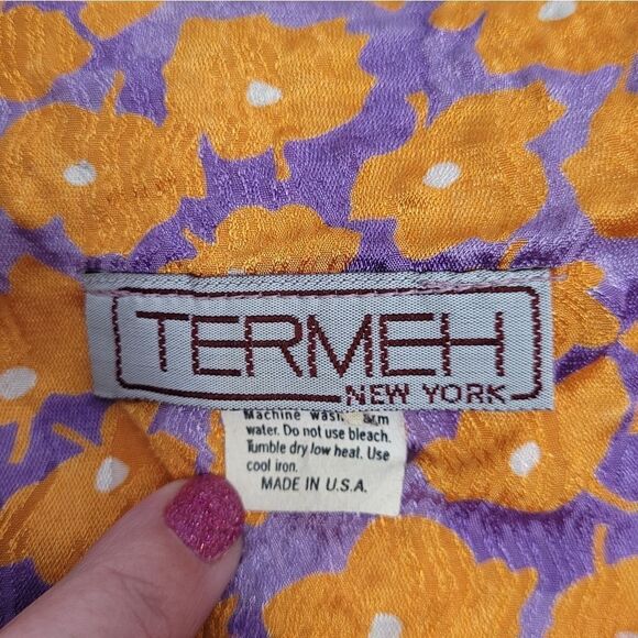 VINTAGE orange floral purple tie front short sleeve‎ blouse M - Picture 4 of 9